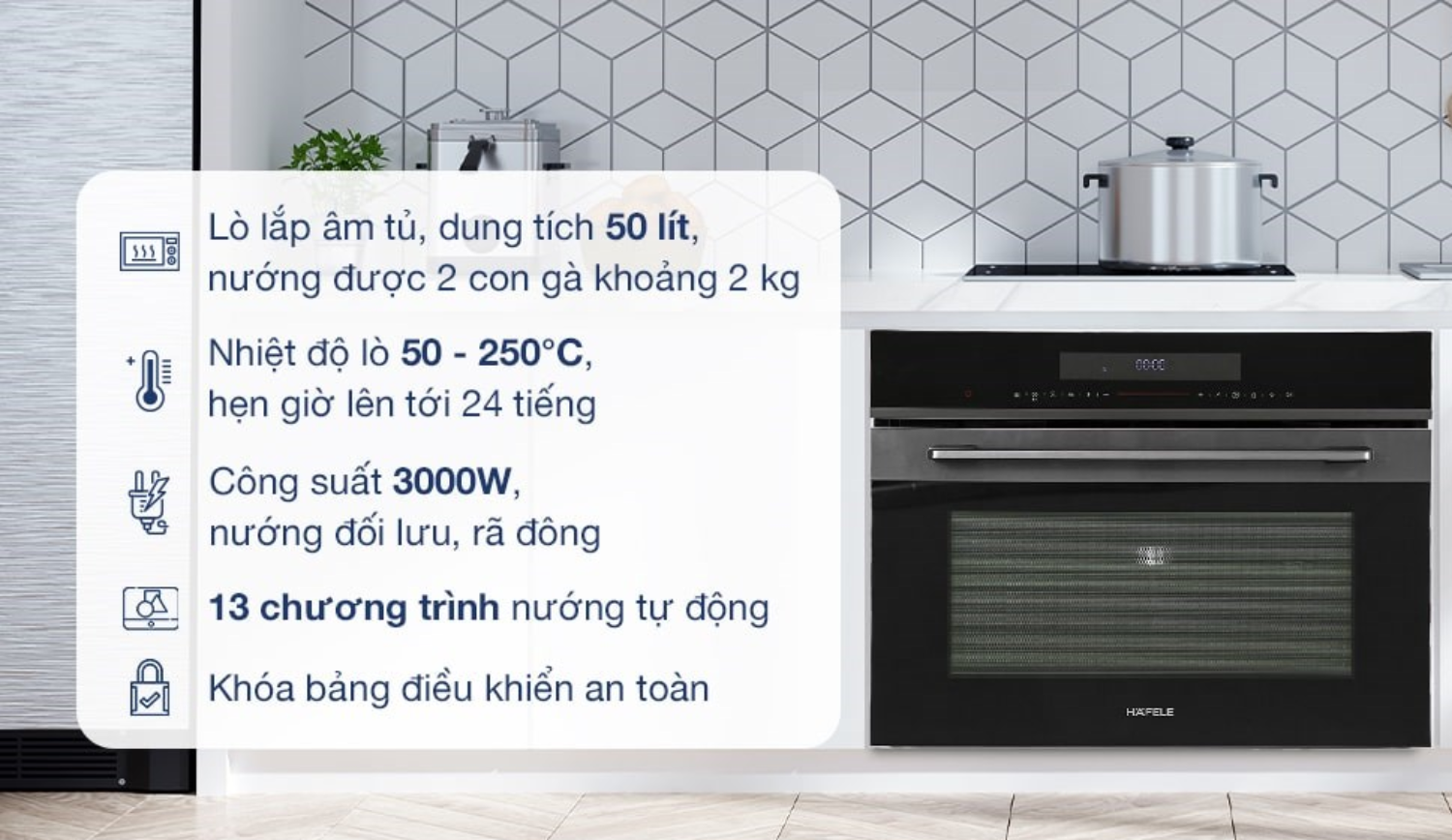 Lò nướng Hafele HCO-8T50A (538.01.431) được thiết kế để tối ưu hóa không gian bếp