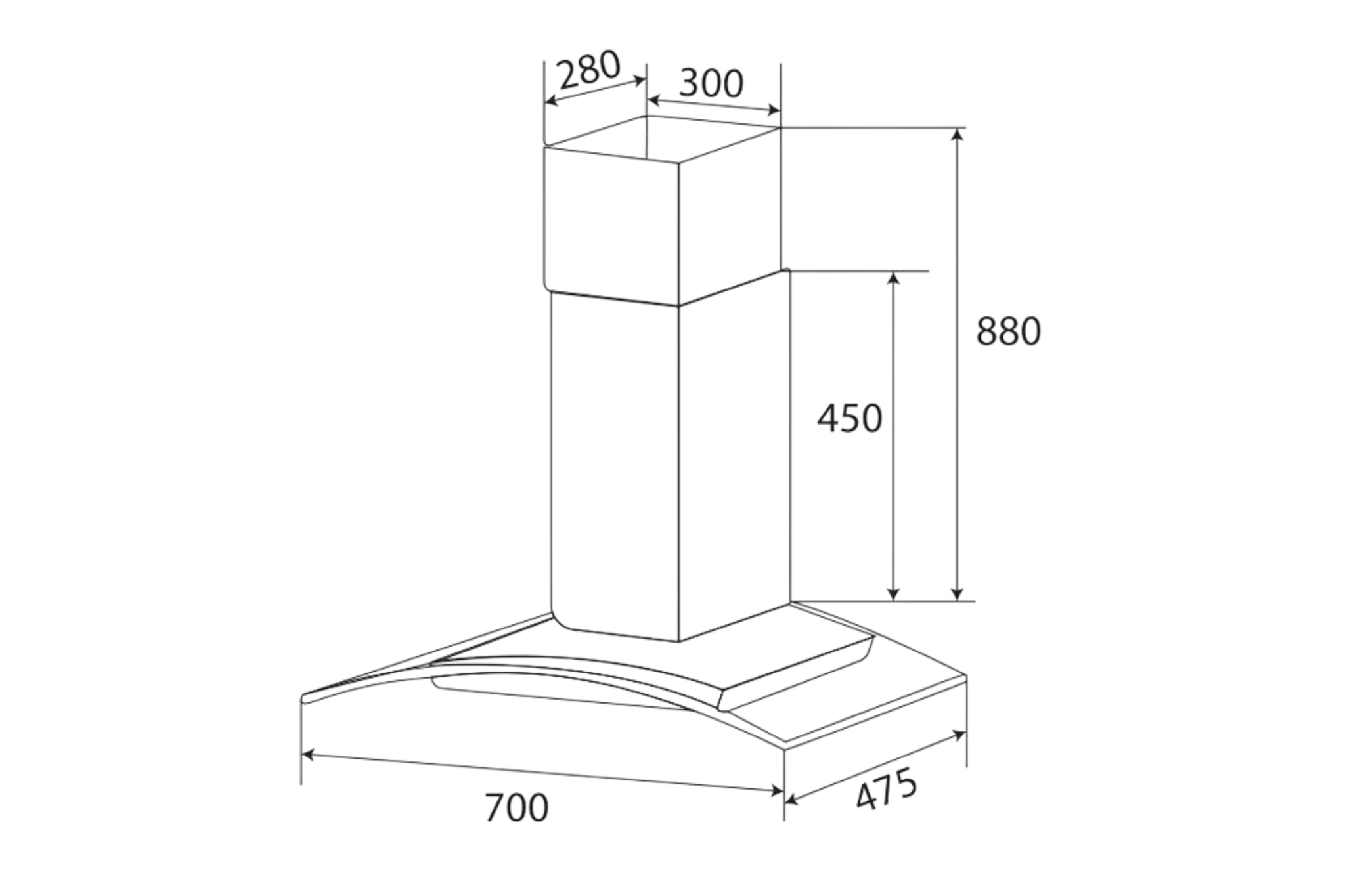 Bản Vẽ Kỹ Thuật Máy Hút Mùi Áp Tường Kính Cong Kaff KF-GB773 | 70cm
