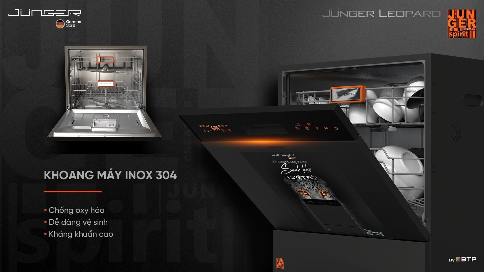 Máy rửa bát Junger Leopard DWJ-136-VG với chất liệu inox 304 cao cấp