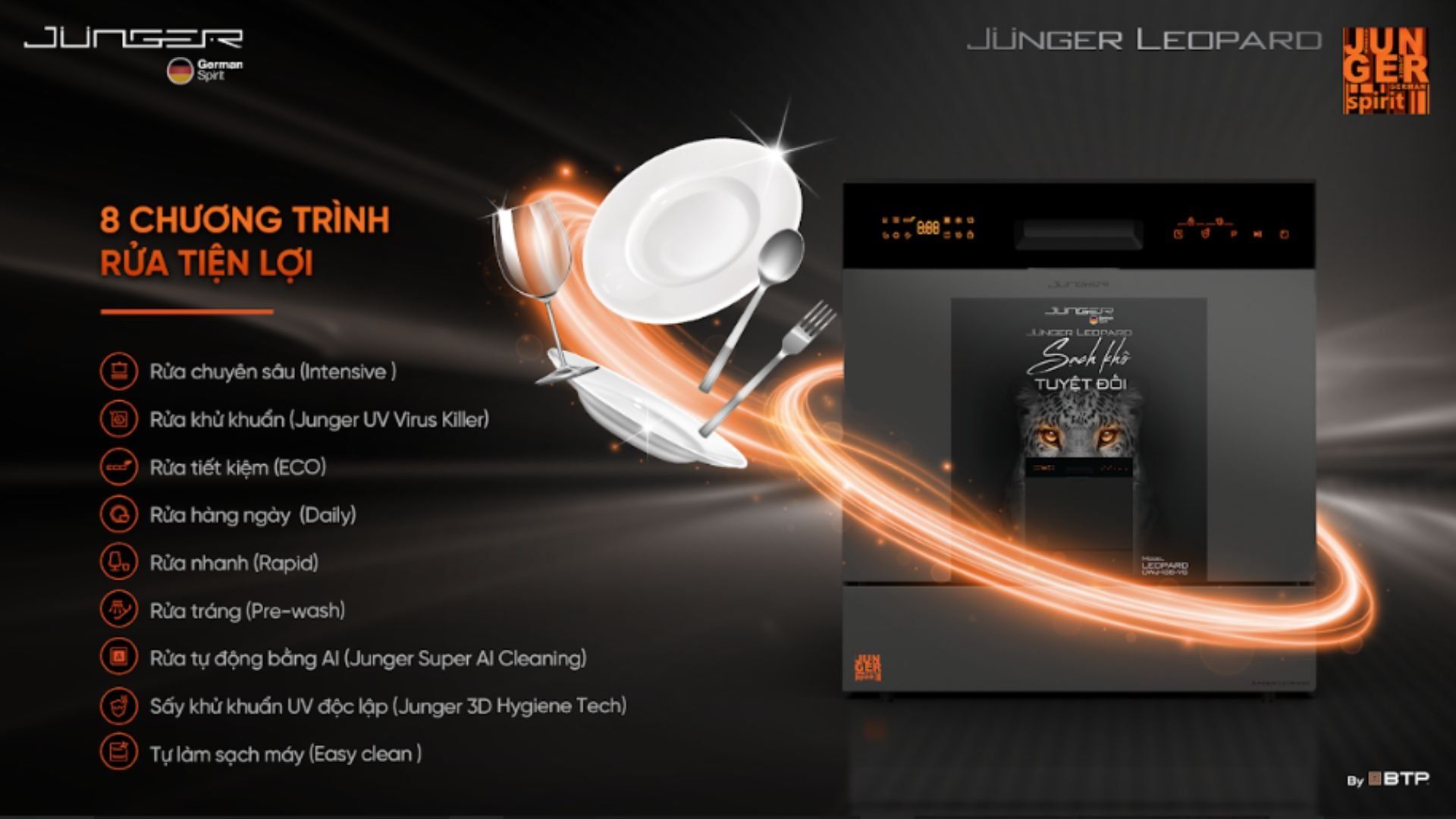 8 chương trình rửa linh hoạt của máy rửa bát Junger DWJ-136-VG