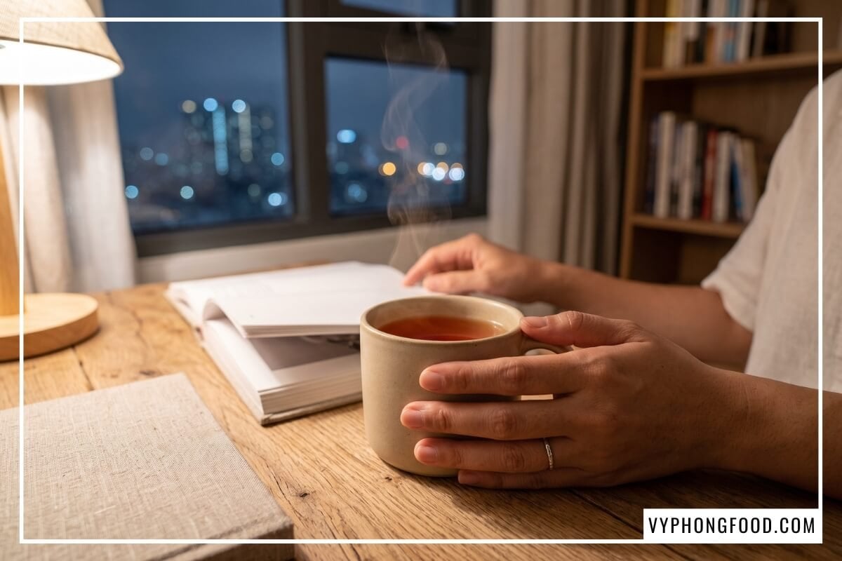 Tách gốm chứa hồng trà rooibos đỏ hổ phách bốc khói nhẹ trên bàn đọc sách cạnh cửa sổ.