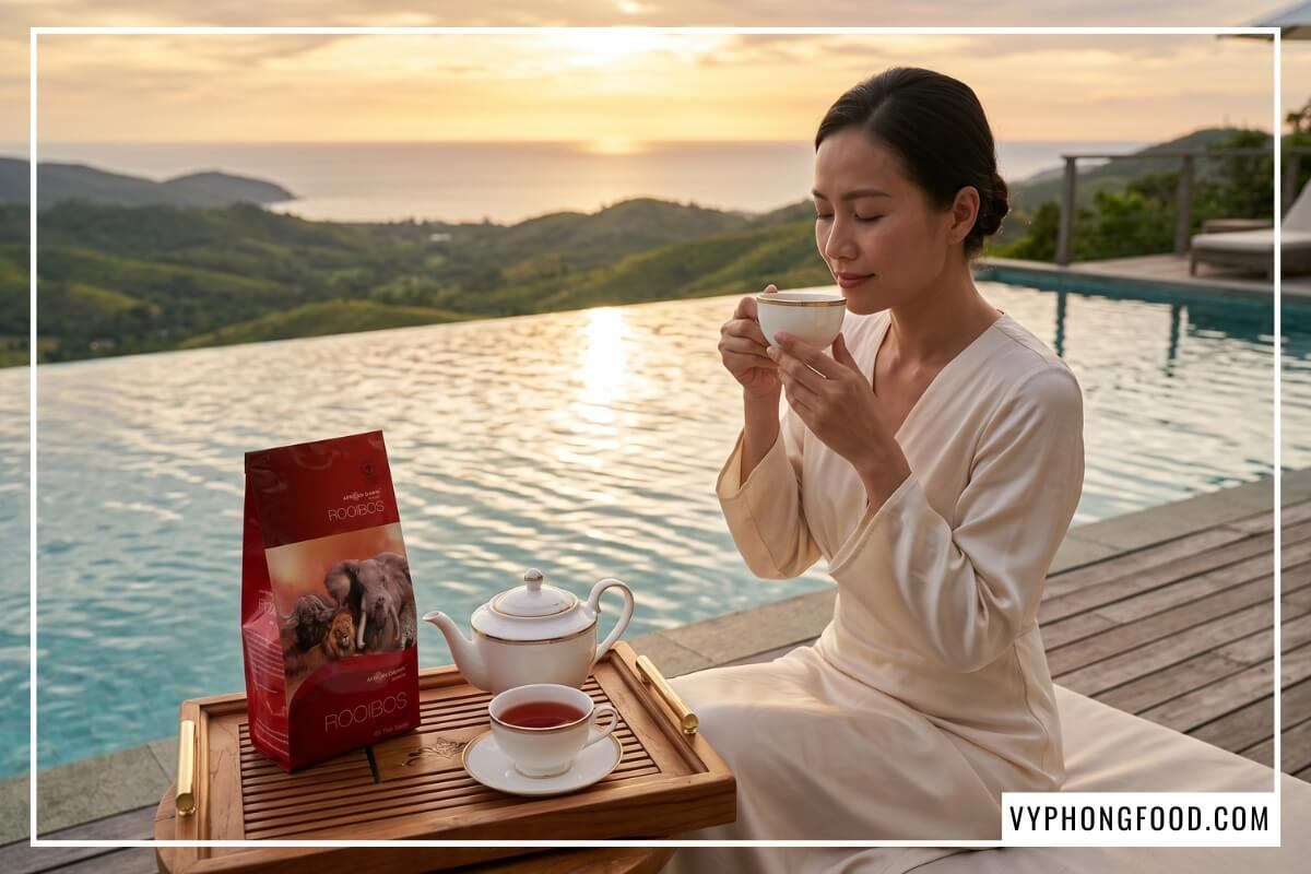 Gói hồng trà rooibos Nam Phi African Dawn trên khay gỗ tếch mạ đồng tại địa chỉ bán trà rooibos chính hãng tại TP. Hồ Chí Minh.