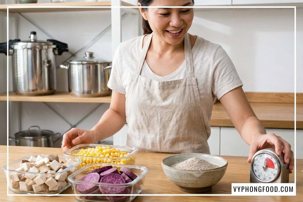 Nội trợ cầm đồng hồ 15 phút bên khay nấm đùi gà tươi và bát bột ngũ cốc mịn theo cách làm món chay đơn giản tại bếp.