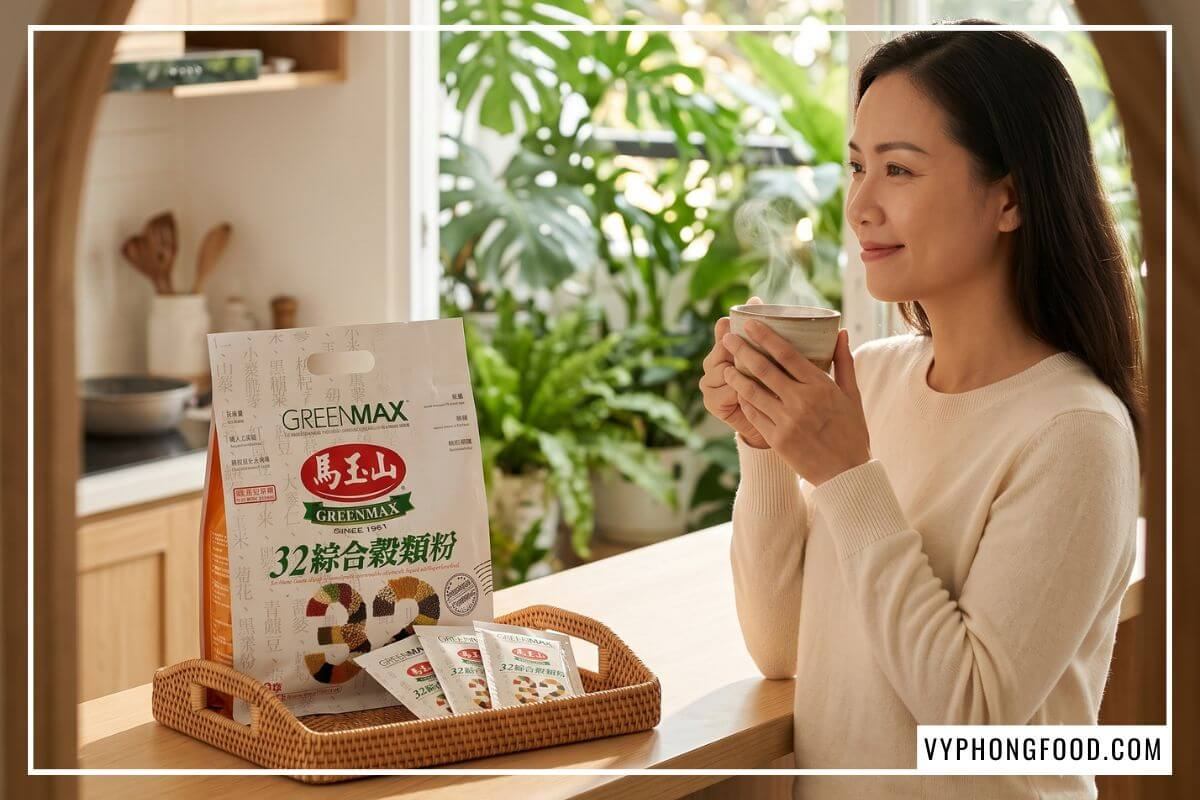 Phụ nữ nâng cốc gốm bột ngũ cốc Greenmax pha nóng cạnh khay mây sau khi nấu công thức món chay ngon dễ làm tại nhà.