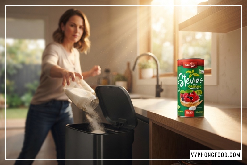 Sản phẩm đường cỏ ngọt Sugarless dạng lon 350g đạt chuẩn hữu cơ Úc đặt cạnh ly cà phê và món ăn gia đình, minh họa trực quan cho câu hỏi cây cỏ ngọt có tác dụng gì vượt trội so với đường tinh luyện trong việc bảo vệ sức khỏe chủ động và giữ trọn vị ngon.
