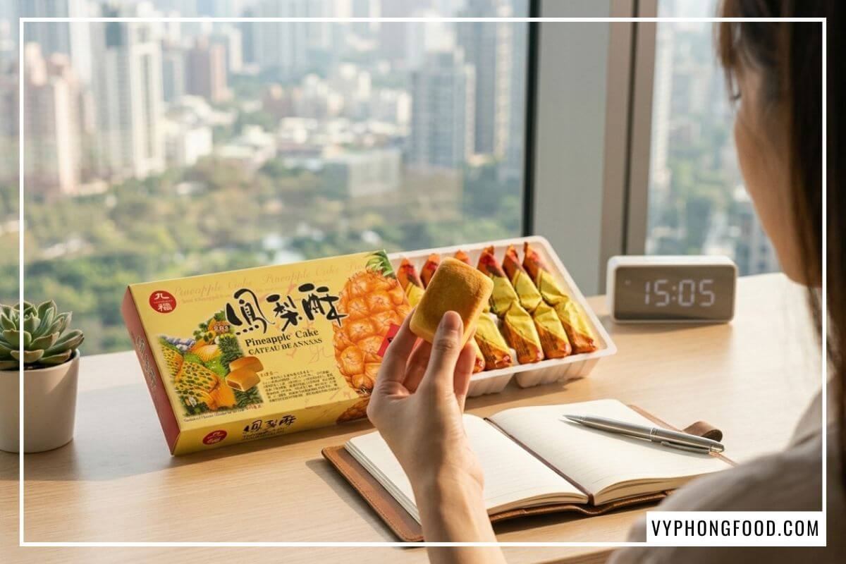 Bàn tay nhân viên cầm bánh dứa Đài Loan mini vàng óng cạnh sổ tay trên bàn làm việc tràn ngập nắng chiều.