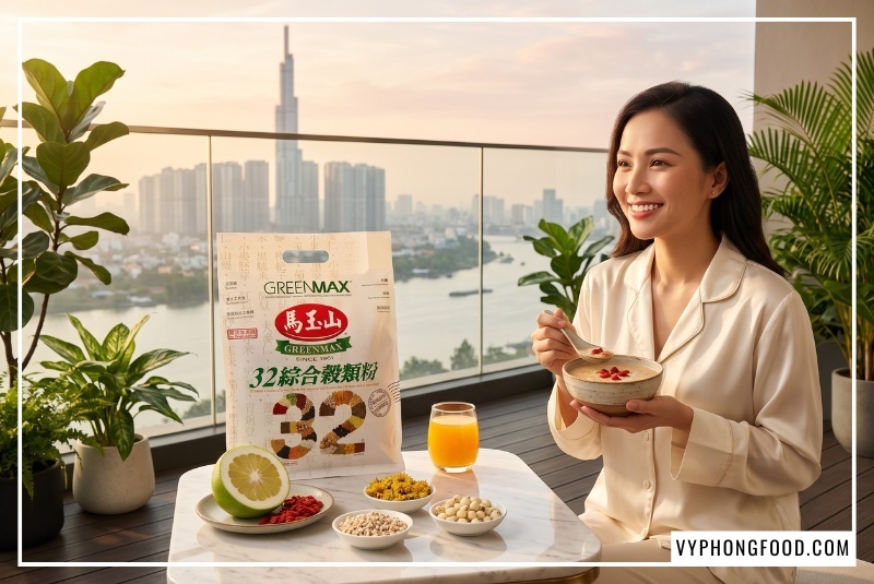 Gợi ý bữa sáng lành mạnh với ly ngũ cốc dinh dưỡng cao cấp Greenmax Đài Loan từ 32 loại hạt không đường bồi bổ sức khỏe cho gia đình tại ban công căn hộ hiện đại TPHCM phân phối bởi Vy Phong Food.