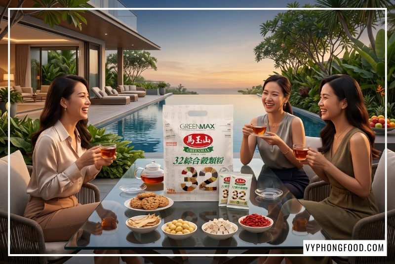 Nhóm phụ nữ sang trọng thưởng thức ngũ cốc dinh dưỡng cao cấp Greenmax Đài Loan không đường kết hợp 32 loại hạt và thảo mộc quý trong buổi tiệc trà chiều dưỡng sinh tại sân vườn villa Thảo Điền TPHCM.