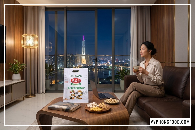 Người phụ nữ thành đạt thư giãn tại phòng khách căn hộ cao cấp TPHCM, thưởng thức ly ngũ cốc dinh dưỡng cao cấp Greenmax Đài Loan 32 loại hạt không đường giúp nạp năng lượng lành mạnh và sống chậm.
