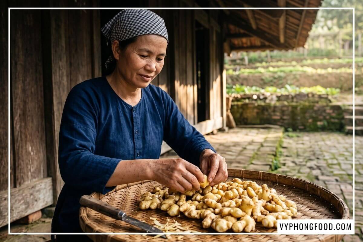 Phụ nữ vùng cao phân loại củ gừng non sạch bóng trên mẹt tre cho xưởng qna farm Đà Nẵng.
