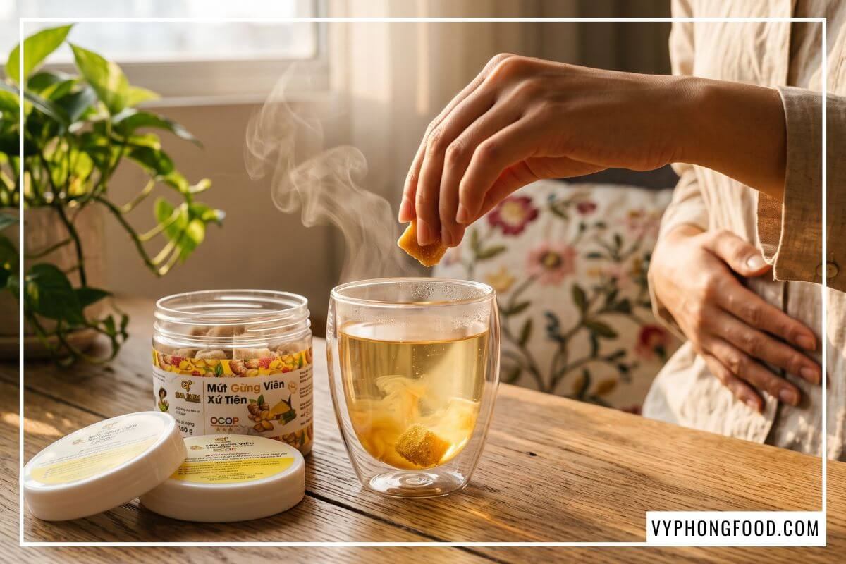 Thả viên mứt gừng viên xứ Tiên QNA Farm vào ly nước bốc khói nghi ngút cạnh hũ mở nắp.