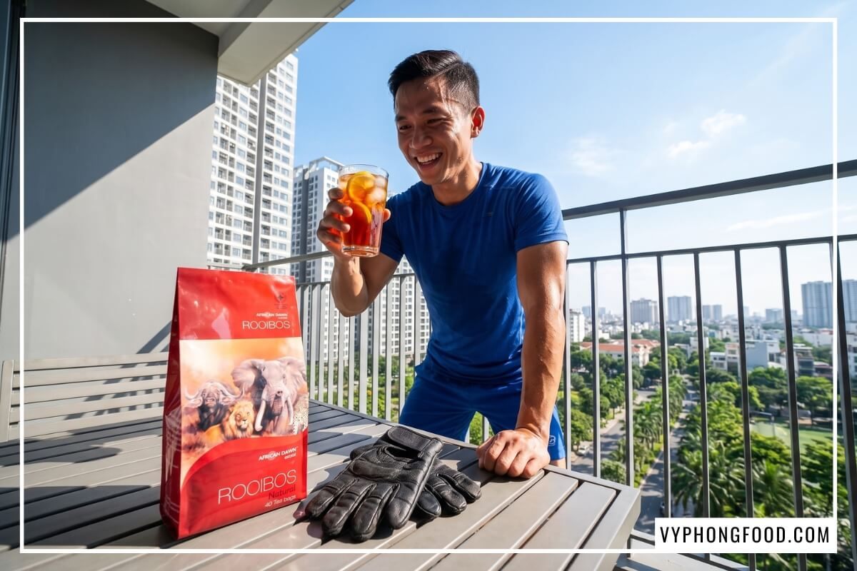 Người đàn ông đang chơi thể thao cầm ly trà rooibos đá chanh đặt cạnh túi trà thảo mộc African Dawn ngoài ban công ngập nắng tại TP. Hồ Chí Minh.