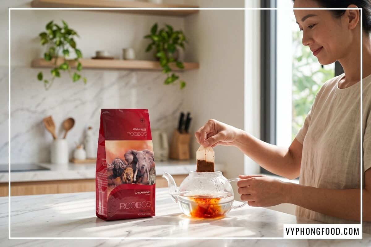 Túi hồng trà rooibos Nam Phi dạng túi lọc thương hiệu African Dawn đặt cạnh bình thủy tinh pha trà đỏ hổ phách trên bàn đá trắng.