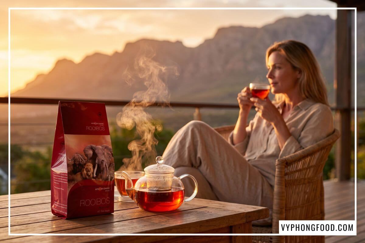 Người phụ nữ uống tách hồng trà rooibos túi lọc African Dawn bên ban công ngắm hoàng hôn núi non tĩnh lặng.