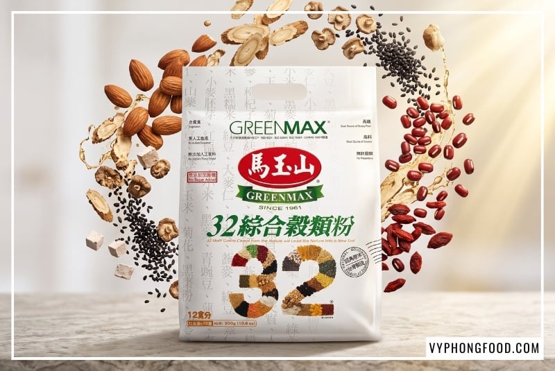 Túi bột ngũ cốc cho người gầy không đường từ 32 loại hạt Greenmax Đài Loan chính hãng đứng vững giữa làn sóng các hạt hạnh nhân, nhân sâm, kỷ tử, mè đen tung bay rực rỡ cung cấp năng lượng bồi bổ vóc dáng phân phối tại VyPhongFood.