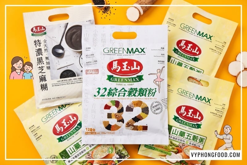 Phối cảnh flat-lay nghệ thuật túi bột ngũ cốc cho người gầy 32 loại hạt kết hợp cháo ngũ cốc rau củ Greenmax Đài Loan nhãn sạch Clean Label đặt cạnh các icon minh họa vóc dáng thon gọn bồi bổ thể trạng phân phối ở VyPhongFood.
