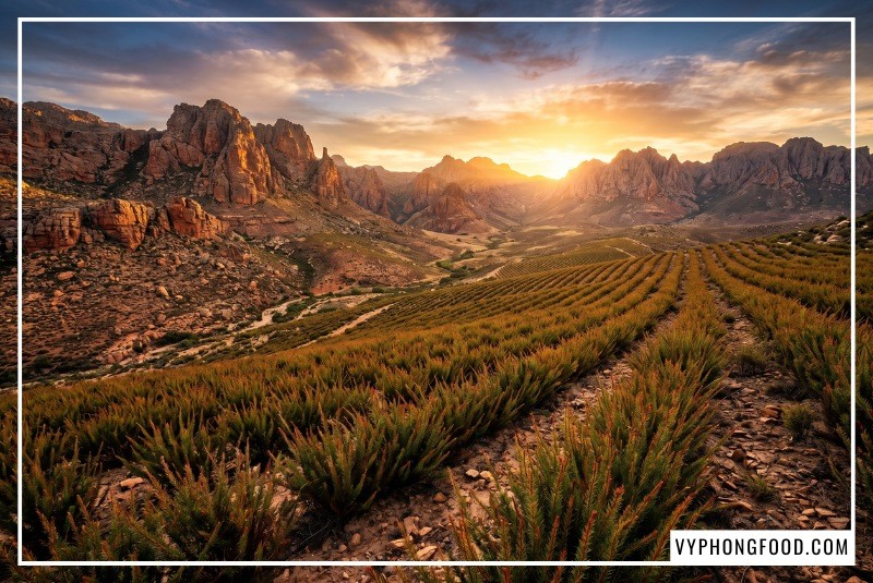 Hình ảnh bụi cây trà rooibos Nam Phi sinh trưởng dẻo dai giữa vùng đất sa thạch khô cằn Cederberg. Đây là hệ sinh thái duy nhất trên Trái Đất giúp loài cây này vươn rễ sâu 2m, tự tổng hợp hợp chất chống oxy hóa mạnh mẽ để sinh tồn. Nhờ đó, hồng trà rooibos mang lại công dụng trà thảo mộc tuyệt vời cho sức khỏe. Nếu bạn đang tìm kiếm trà rooibos mua ở đâu uy tín, sản phẩm chuẩn PDO tại Vy Phong Food là lựa chọn hàng đầu.