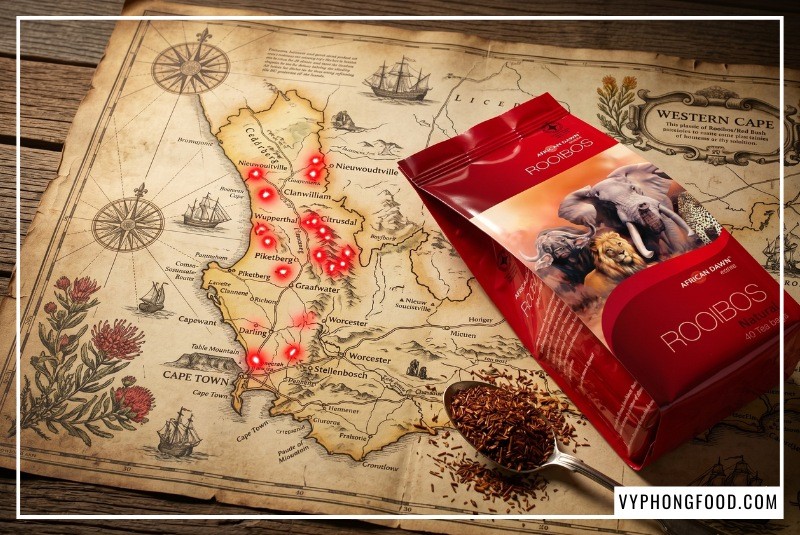 Hình ảnh bụi cây trà rooibos Nam Phi sinh trưởng dẻo dai giữa vùng đất sa thạch khô cằn Cederberg. Đây là hệ sinh thái duy nhất trên Trái Đất giúp loài cây này vươn rễ sâu 2m, tự tổng hợp hợp chất chống oxy hóa mạnh mẽ để sinh tồn. Nhờ đó, hồng trà rooibos mang lại công dụng trà thảo mộc tuyệt vời cho sức khỏe. Nếu bạn đang tìm kiếm trà rooibos mua ở đâu uy tín, sản phẩm chuẩn PDO tại Vy Phong Food là lựa chọn hàng đầu.