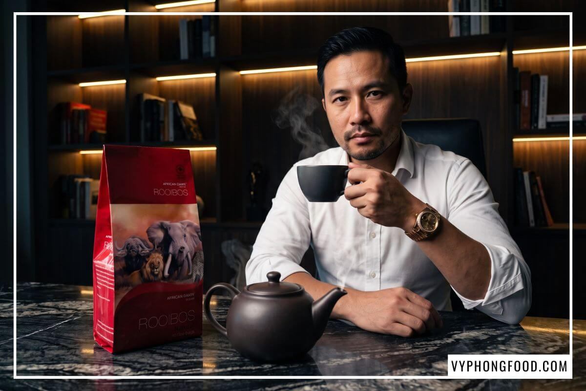 Bao bì trà rooibos túi lọc African Dawn cạnh tách gốm và nam doanh nhân người Việt đang ngồi làm việc.