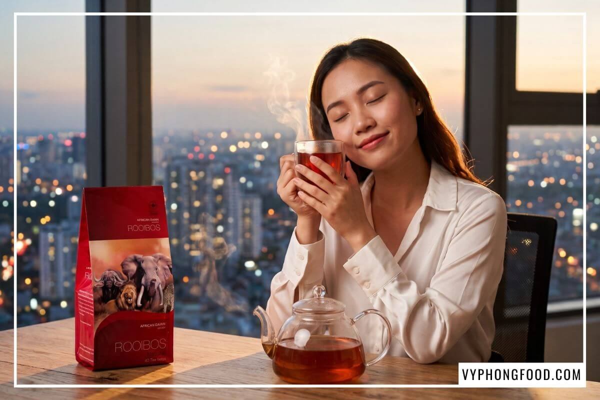 Gói trà rooibos túi lọc African Dawn bên ly thủy tinh màu đỏ hổ phách cạnh nữ nhân viên văn phòng.