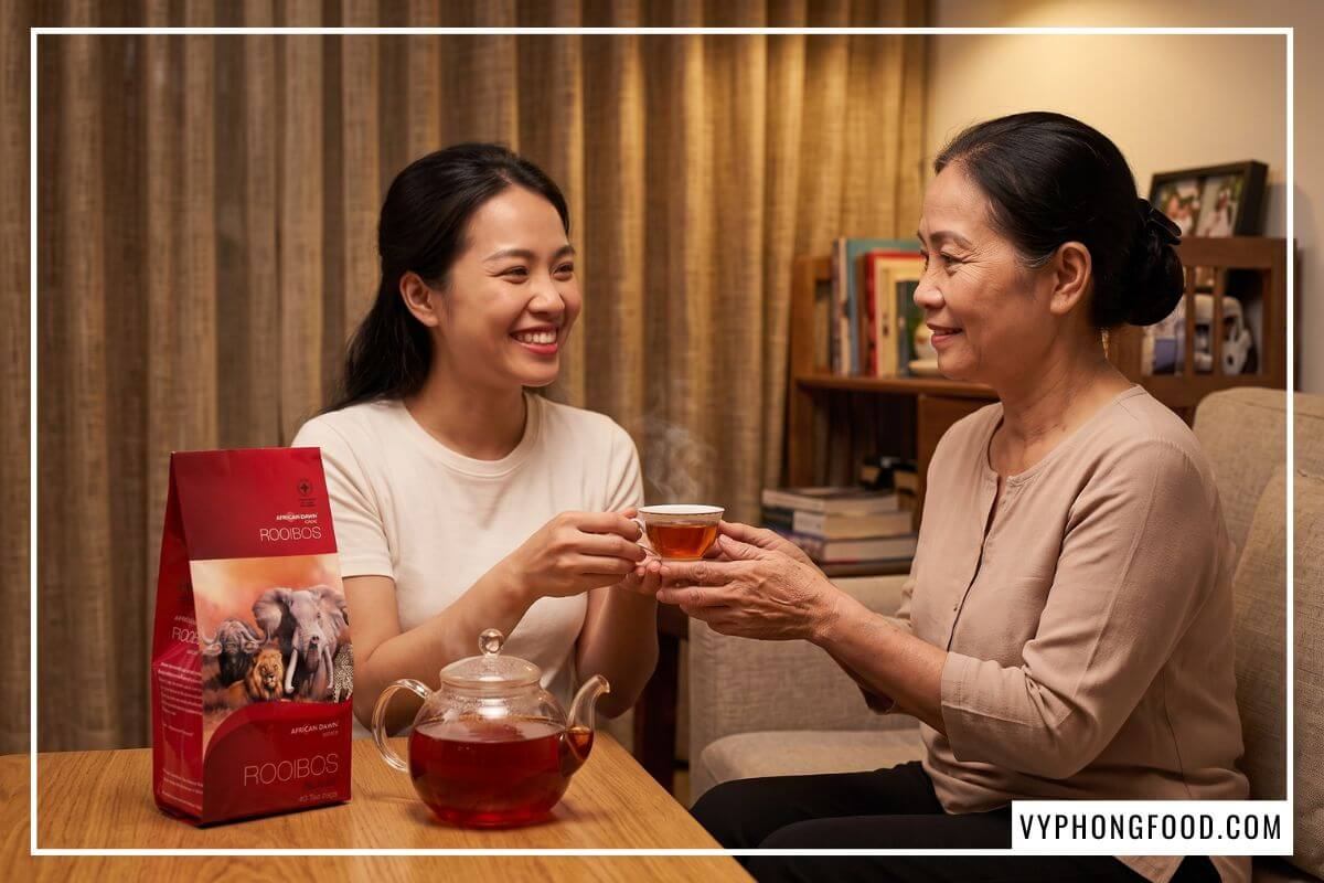 Người con gái trao tách hồng trà rooibos túi lọc African Dawn nóng cho mẹ lớn tuổi trong phòng khách gia đình.