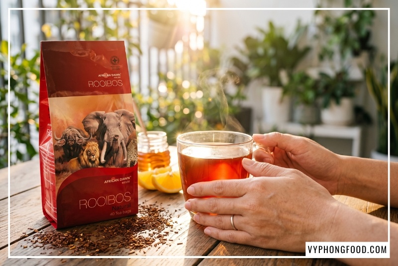 Bàn tay ôm tách thủy tinh nước đỏ hổ phách cạnh túi trà African Dawn tại địa chỉ bán trà rooibos Nam Phi tại Việt Nam.