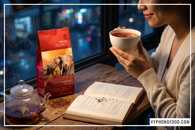 Tách sứ trắng trà đỏ thẫm bên ô cửa mưa, tìm địa chỉ bán trà rooibos Nam Phi tại Việt Nam chuẩn gốc.