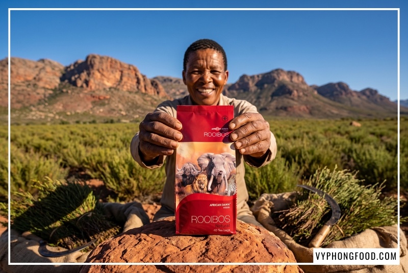 Nông dân Nam Phi trao túi trà African Dawn chính ngạch từ địa chỉ bán trà rooibos Nam Phi tại Việt Nam uy tín.