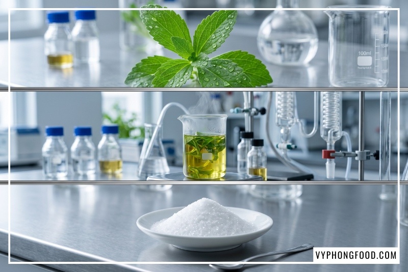 Quá trình chiết xuất tự nhiên bằng công nghệ lọc khép kín giúp loại bỏ hoàn toàn calo trong đường ăn kiêng từ lá cỏ ngọt, tạo ra bột đường hữu cơ Sugarless tinh khiết an toàn tuyệt đối cho sức khỏe.