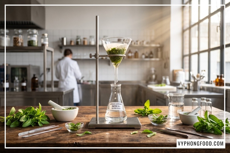 Quá trình chiết xuất tự nhiên bằng công nghệ lọc khép kín giúp loại bỏ hoàn toàn calo trong đường ăn kiêng từ lá cỏ ngọt, tạo ra bột đường hữu cơ Sugarless tinh khiết an toàn tuyệt đối cho sức khỏe.