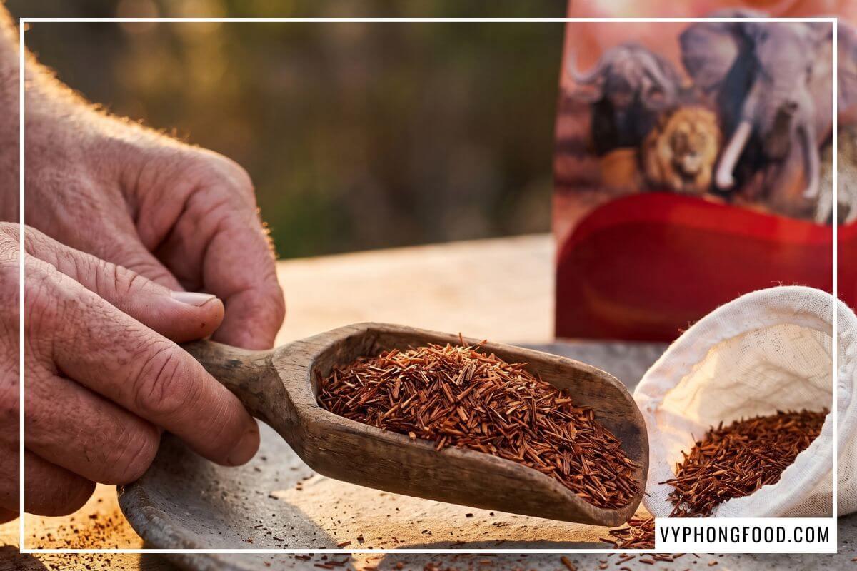 Cận cảnh lá trà rooibos khô trên muỗng gỗ bên cạnh túi lọc trà màu trắng ngà