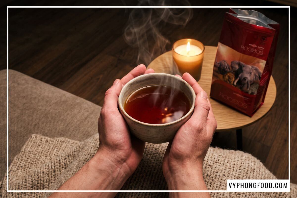 Đôi bàn tay áp vào ly trà giảm căng thẳng bốc khói nhẹ cạnh ngọn nến ấm