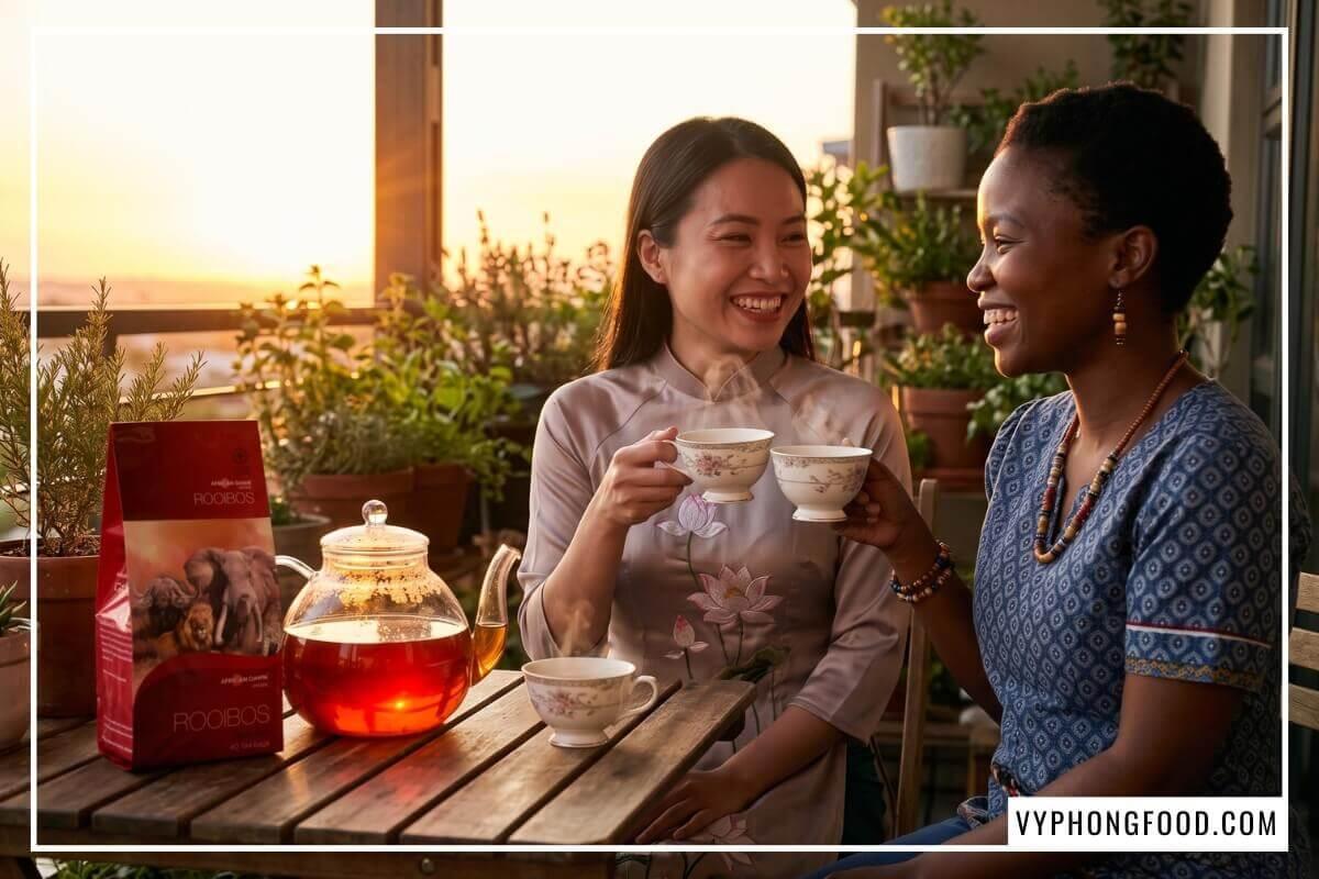Thưởng thức trà thảo mộc không tannin, không gây cào ruột đau dạ dày cùng gói trà rooibos Nam Phi African Dawn.