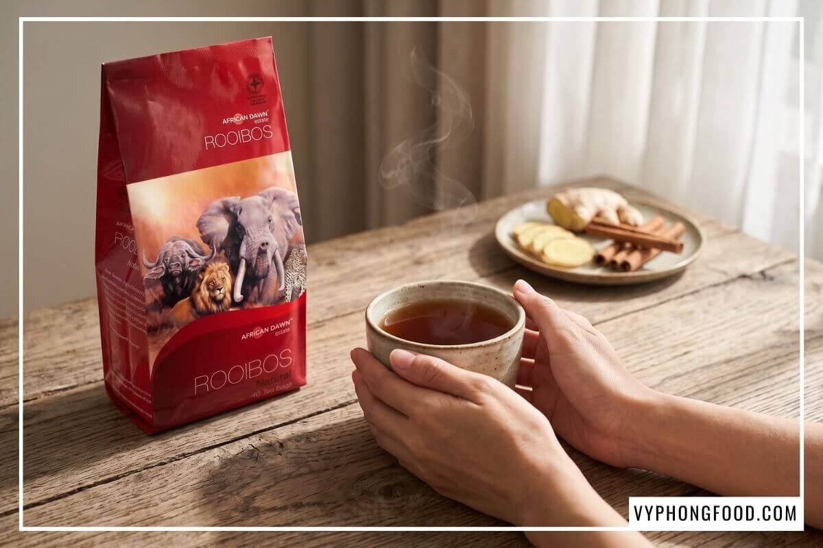 Tách trà thảo mộc không tannin, không gây cào ruột đau dạ dày và gói hồng trà rooibos Nam Phi African Dawn trên bàn gỗ