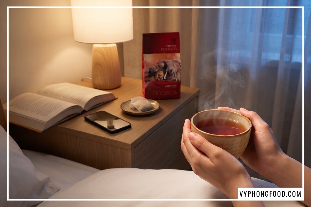 Bàn tay nâng tách trà ấm cạnh gói hồng trà rooibos African Dawn thuộc các loại trà thảo dược túi lọc an thần dễ ngủ nhất