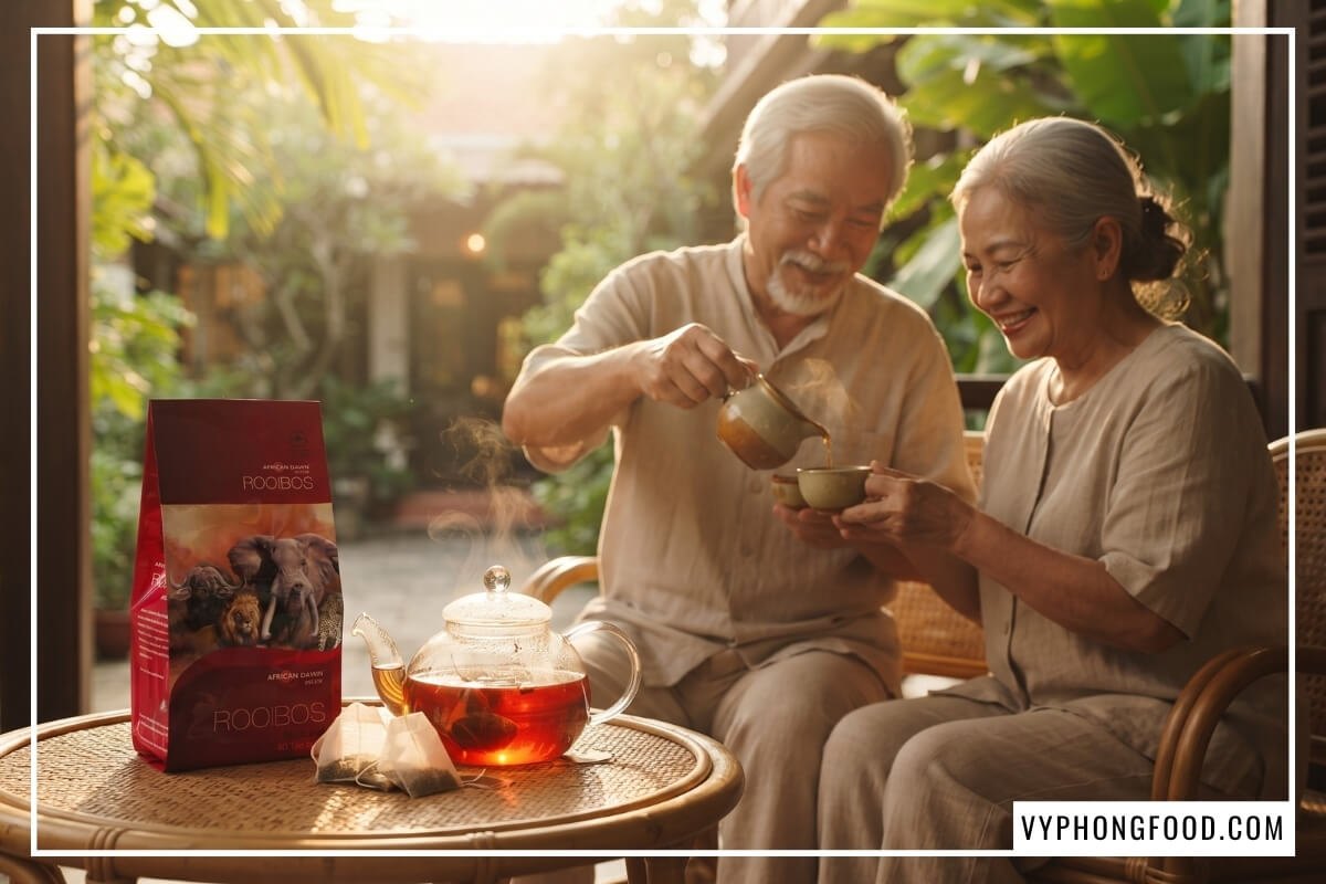 Cụ ông rót tách trà ấm từ hồng trà rooibos Nam Phi thương hiệu African Dawn thuộc các loại trà thảo dược túi lọc an thần dễ ngủ nhất.