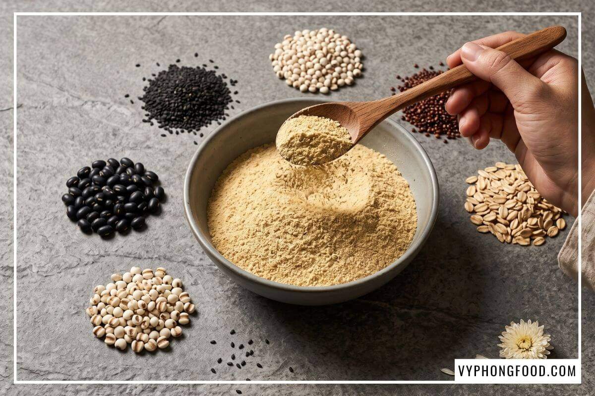 Bát bột ngũ cốc dinh dưỡng xay mịn từ đậu đen mè đen cung cấp dưỡng chất thuần thực vật