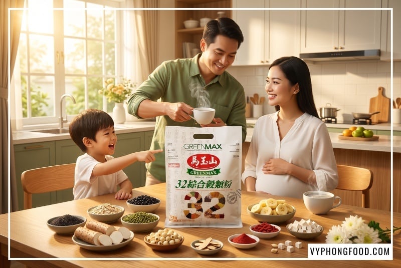 Hình ảnh gia đình người Việt hạnh phúc bên bàn ăn ngập nắng ban mai, chồng ân cần rót ly sữa ấm cạnh túi bột ngũ cốc dinh dưỡng không đường từ 32 loại hạt Greenmax Đài Loan sắc nét cho mẹ bầu đoan trang mỉm cười hạnh phúc, giải đáp thấu đáo bột ngũ cốc có tốt cho bà bầu không.