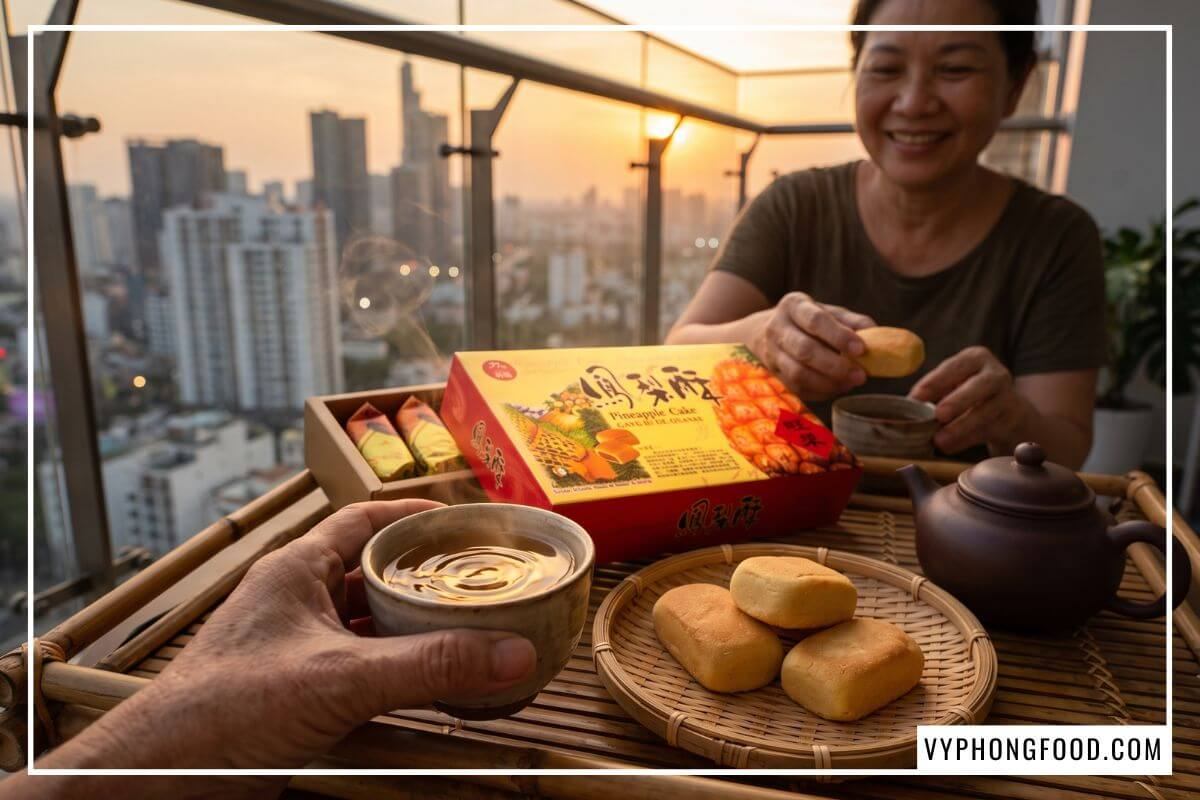 Bàn trà chiều bày hộp bánh dứa Nice Choice cùng ấm chén áp dụng cách bảo quản bánh dứa