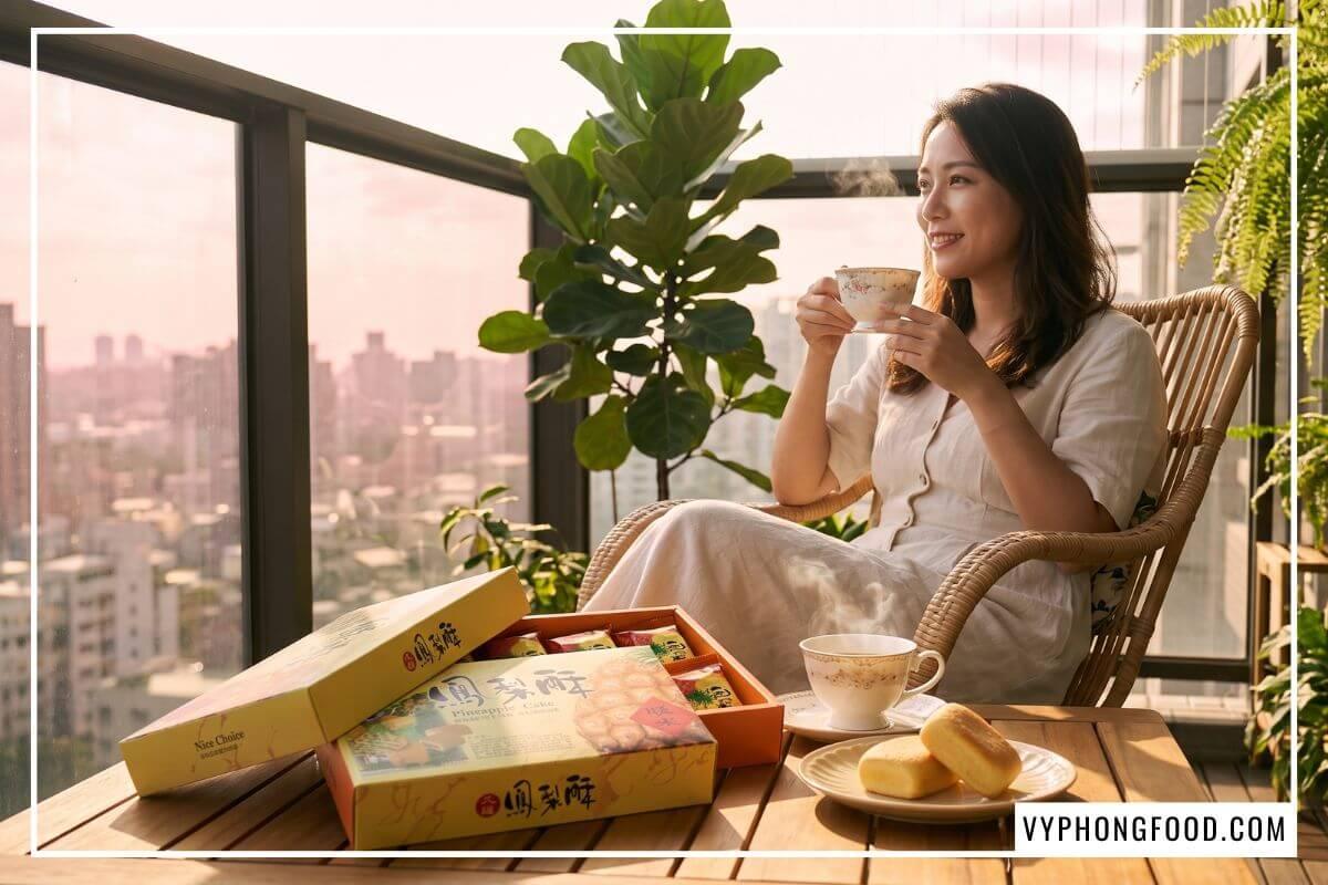 Thưởng thức tách trà nóng cùng bánh dứa Đài Loan Nice Choice thơm ngậy tại góc ban công chung cư lộng gió