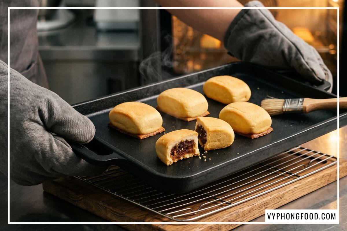 Khay gang chứa mẻ bánh dứa vàng ươm vuông vức vừa ra lò minh họa cách làm bánh dứa ngon không nứt vỏ.