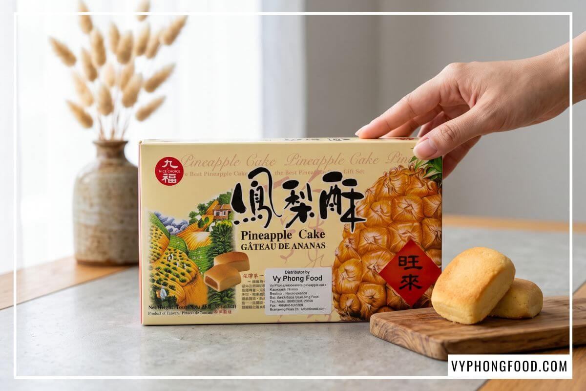 Hộp Bánh dứa Đài Loan Nice Choice 227g chính hãng bên cạnh chiếc bánh nướng vàng ruộm tại Vy Phong Food.