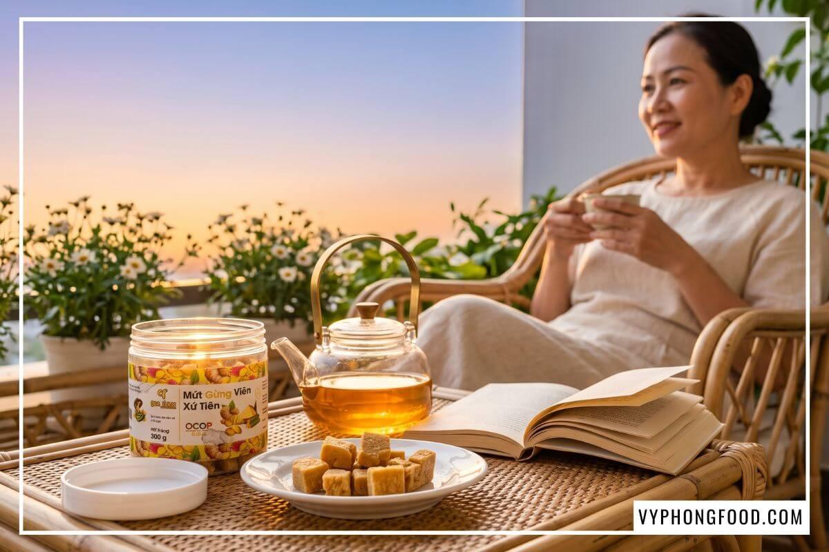 Đĩa mứt gừng viên dẻo thơm cạnh ấm trà trên bàn mây đón nắng chiều đạt tiêu chuẩn an toàn thực phẩm.