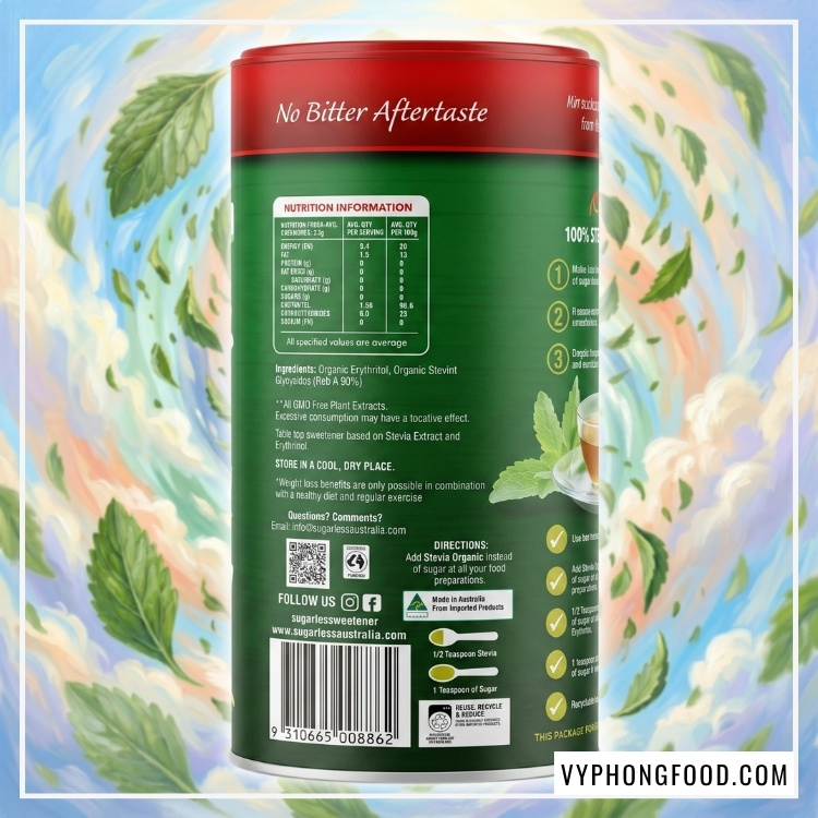 Hình ảnh lon Đường cỏ ngọt Sugarless 350g chính hãng, chất tạo ngọt stevia hữu cơ tự nhiên không chứa calo thay thế đường tinh luyện, lý tưởng cho người theo chế độ ăn kiêng và an toàn cho người mắc bệnh tiểu đường.