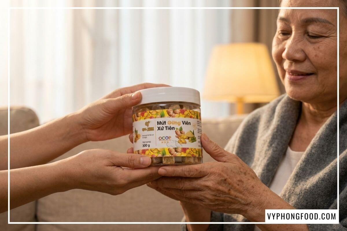 Con gái trao hũ mứt gừng viên QNA Farm 300g làm quà biếu người lớn tuổi bên rèm cửa