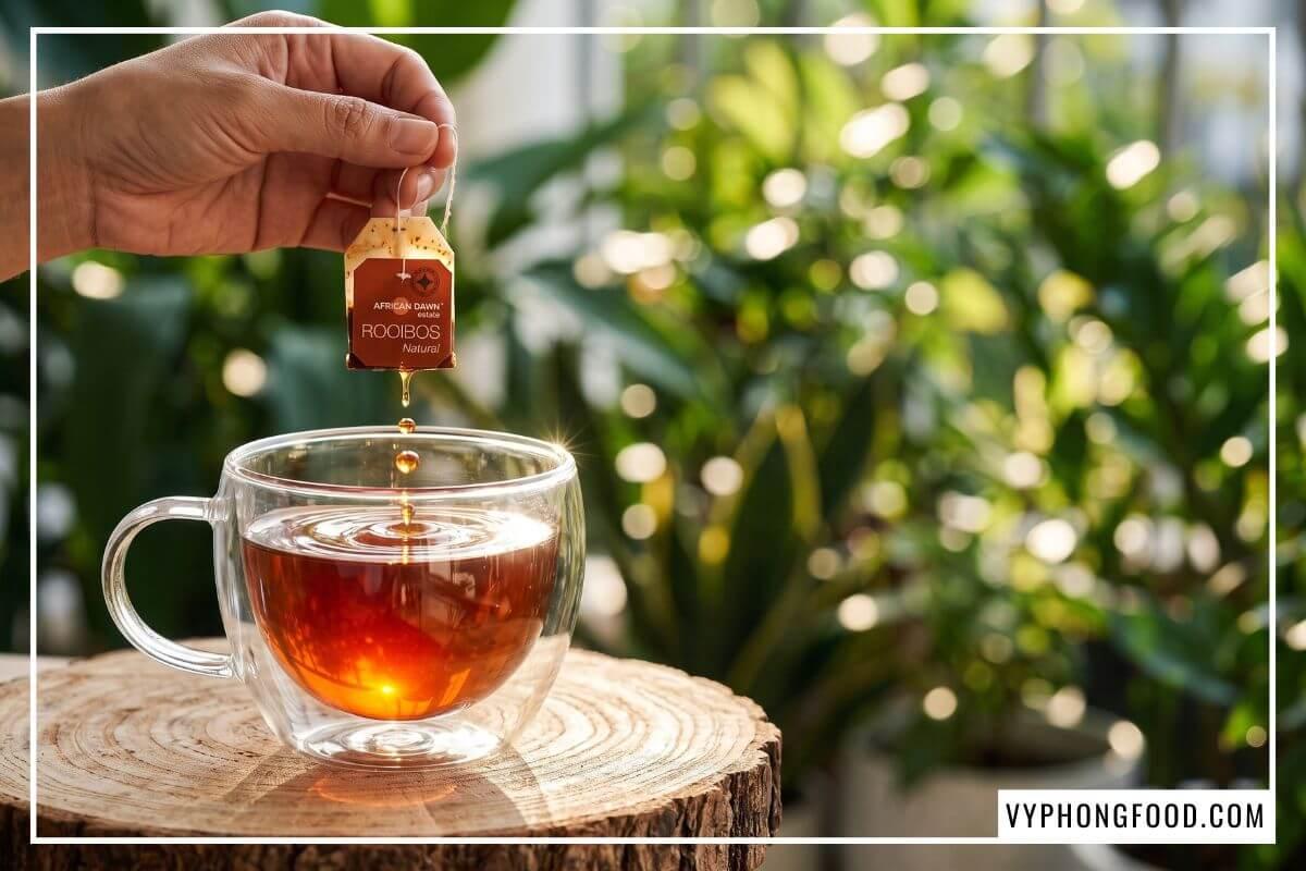 Tay nâng túi lọc trong bài review trà rooibos Nam Phi dạng túi lọc với dòng nước đỏ hổ phách rơi xuống tách thủy tinh