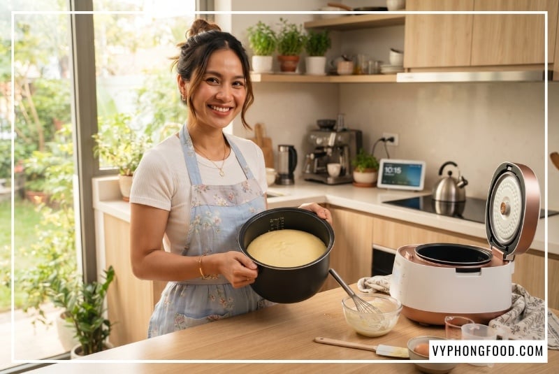 Hình ảnh minh họa chi tiết cách làm bánh bông lan bằng đường ăn kiêng tại nhà bằng nồi cơm điện. Cốt bánh nở phồng, bông xốp, mềm mịn nhờ sử dụng đường cỏ ngọt hữu cơ Sugarless 350g, mang lại món tráng miệng ngọt thanh, 0 calo, an toàn cho vóc dáng và sức khỏe gia đình.