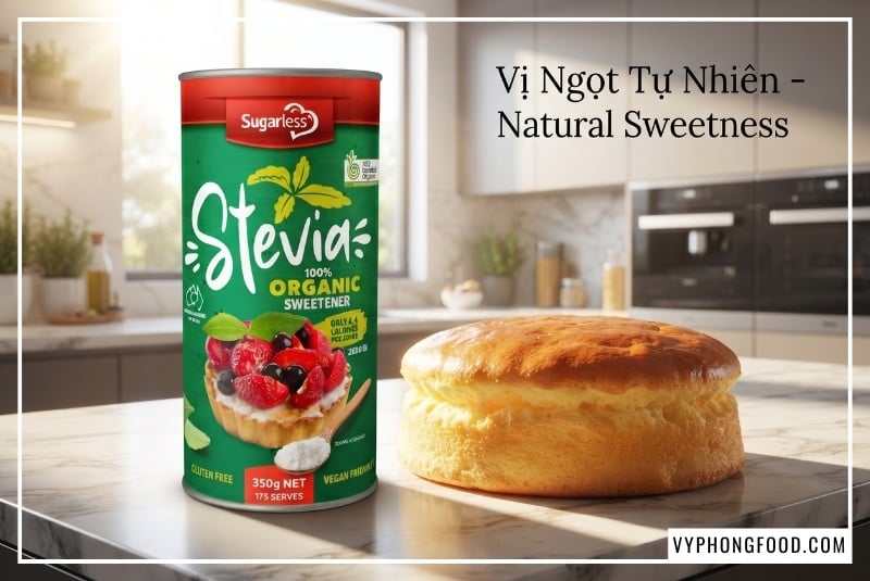 Hình ảnh minh họa chi tiết cách làm bánh bông lan bằng đường ăn kiêng tại nhà bằng nồi cơm điện. Cốt bánh nở phồng, bông xốp, mềm mịn nhờ sử dụng đường cỏ ngọt hữu cơ Sugarless 350g, mang lại món tráng miệng ngọt thanh, 0 calo, an toàn cho vóc dáng và sức khỏe gia đình.