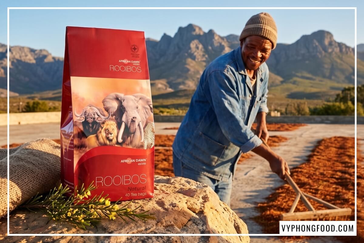 Gói trà African Dawn và luống lá đỏ phơi nắng tại Cederberg Nam Phi