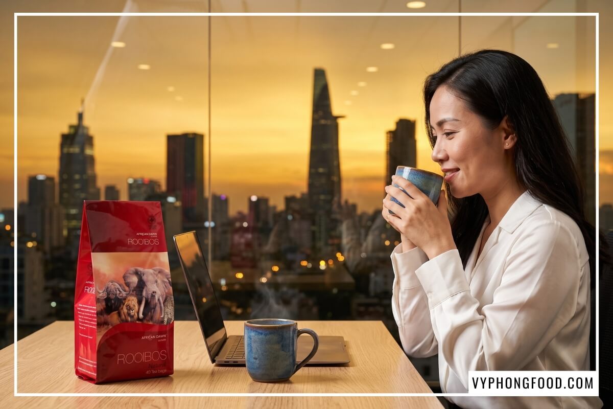 Gói trà rooibos African Dawn và ly trà ấm trên bàn làm việc văn phòng TP Hồ Chí Minh.